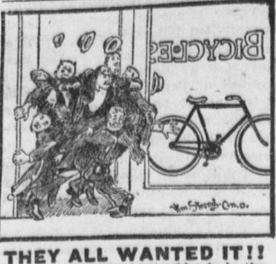 cartoon from 1899 advertisement; men jostling as they rush into bike shop